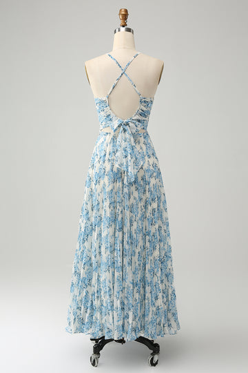 White Blue Flower Spaghetti Straps A Line Wedding Guest Dress